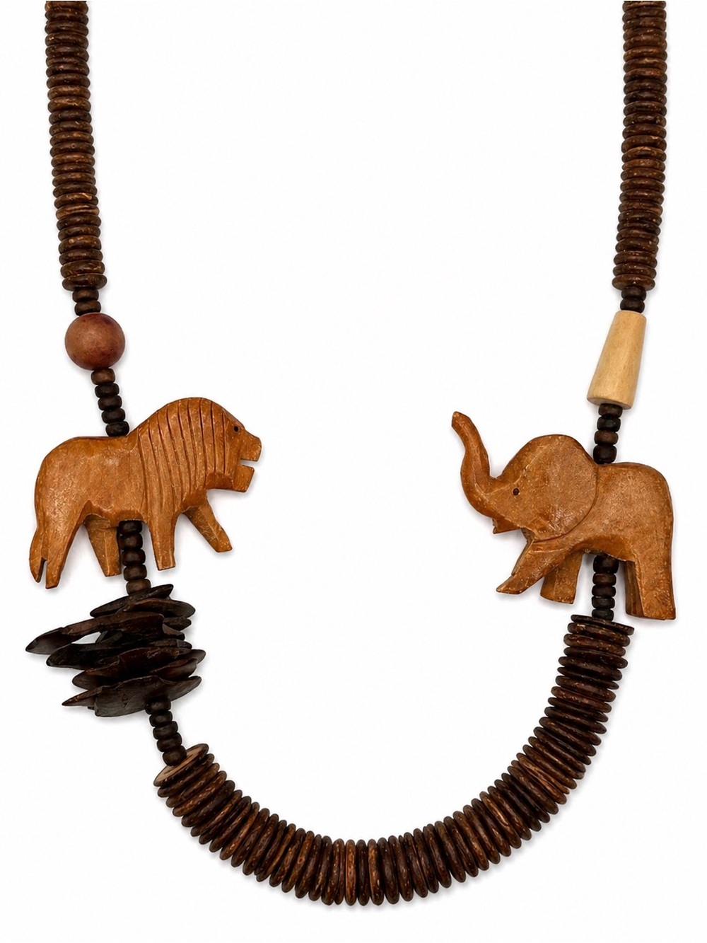 Hand Crafted Brown Wooden Elephant & Lion Necklace